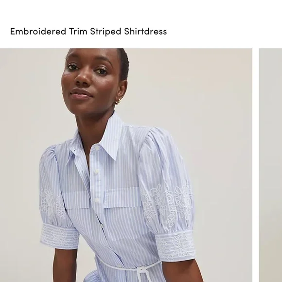 NWT Ann Taylor Embroidered Puff Sleeve Blue Striped Midi Shirtdress size 0 - Picture 3 of 8